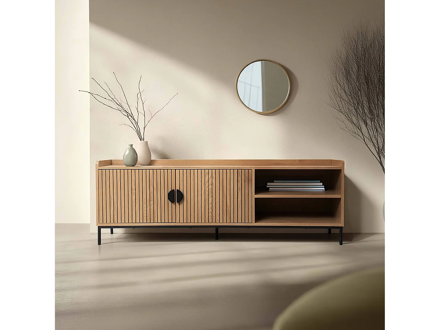 Meuble TV en acier et MDF décor mélaminé 150 cm beige