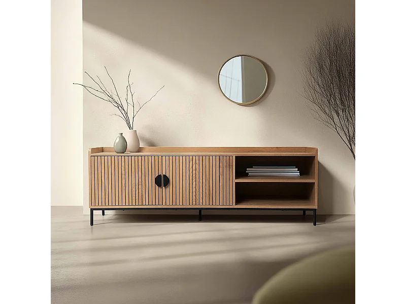 TV-meubel in staal en MDF met melamine decor 150 cm beige