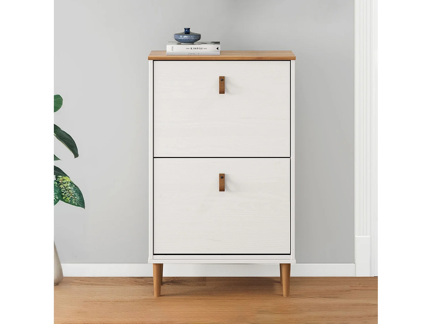 Meuble à chaussures entrée Mikka 2 abattants en bois massif coloris blanc et chêne pour jusqu'à 10 paires