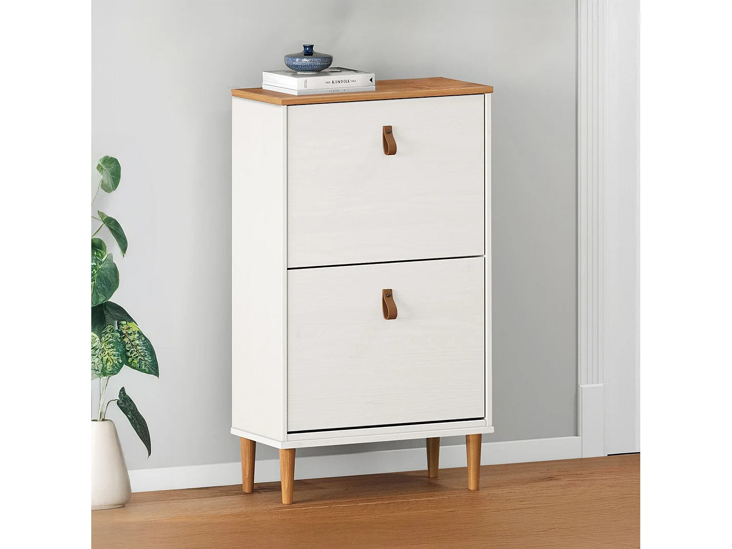 Meuble à chaussures entrée Mikka 2 abattants en bois massif coloris blanc et chêne pour jusqu'à 10 paires