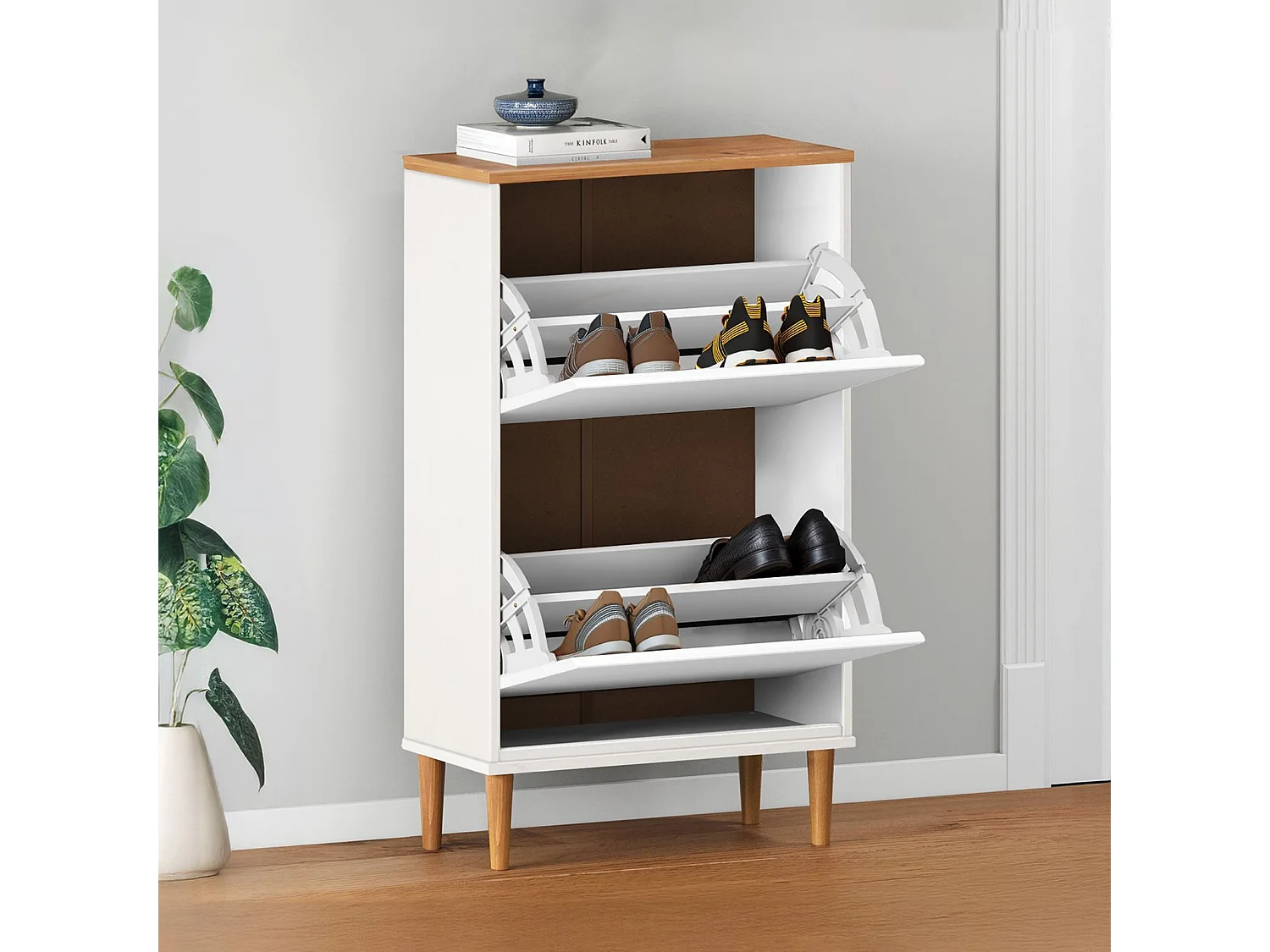 Meuble à chaussures entrée Mikka 2 abattants en bois massif coloris blanc et chêne pour jusqu'à 10 paires