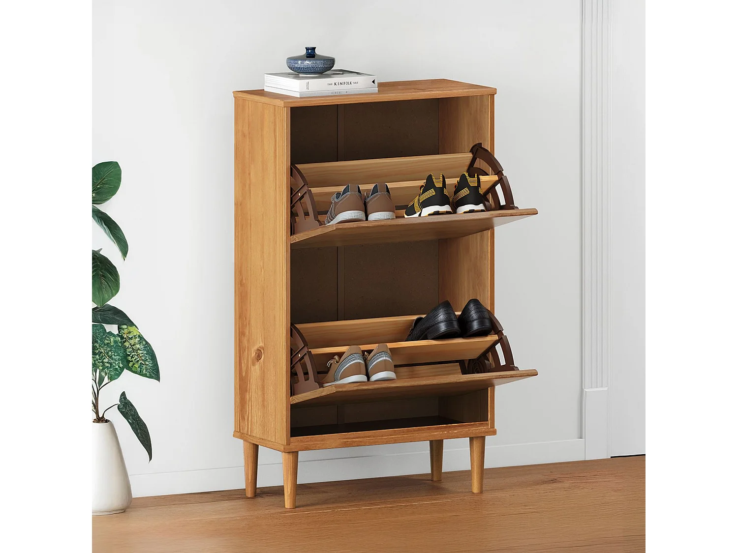 Meuble à chaussures entrée Mikka 2 abattants en bois massif coloris chêne pour jusqu'à 10 paires 59 x 96 x 25 cm