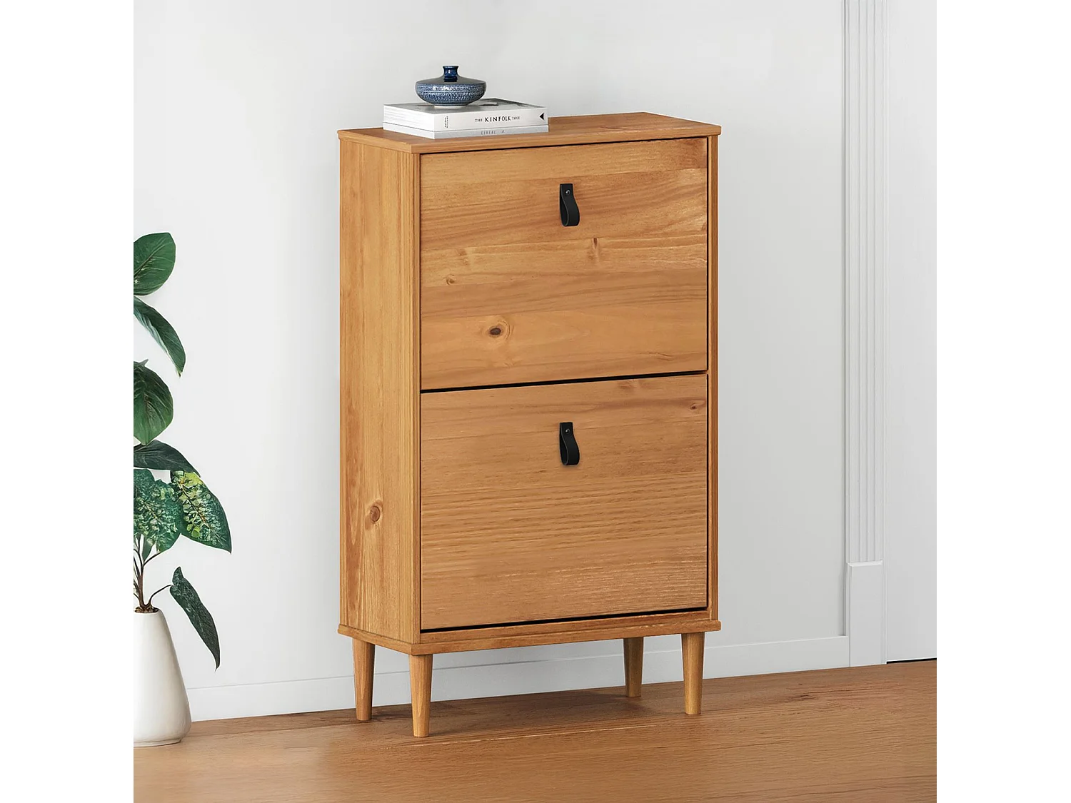 Meuble à chaussures entrée Mikka 2 abattants en bois massif coloris chêne pour jusqu'à 10 paires 59 x 96 x 25 cm