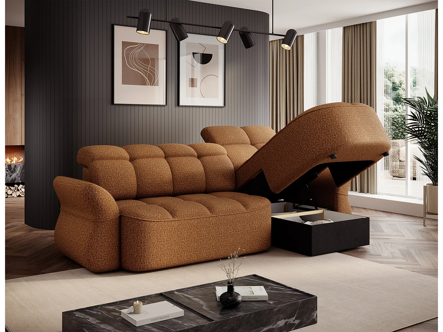 Canapé d’angle tissu CENTURY – Convertible et coffre-Marron clair-angle droit