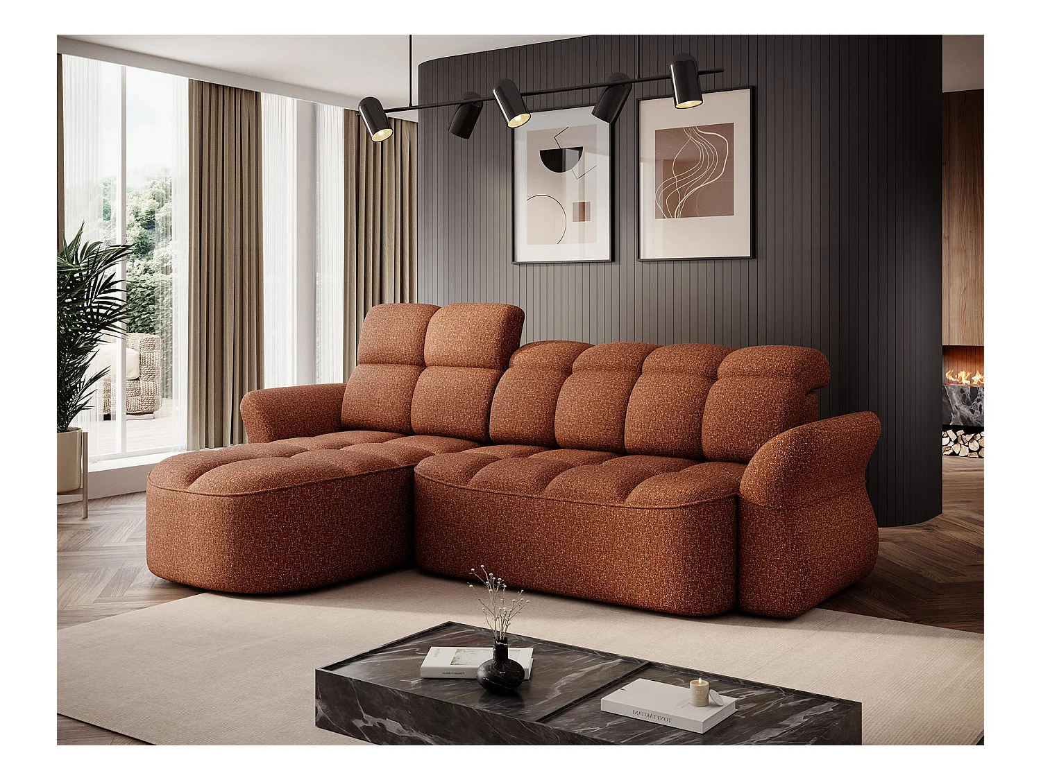 Canapé d’angle tissu CENTURY – Convertible et coffre-Marron clair-angle droit