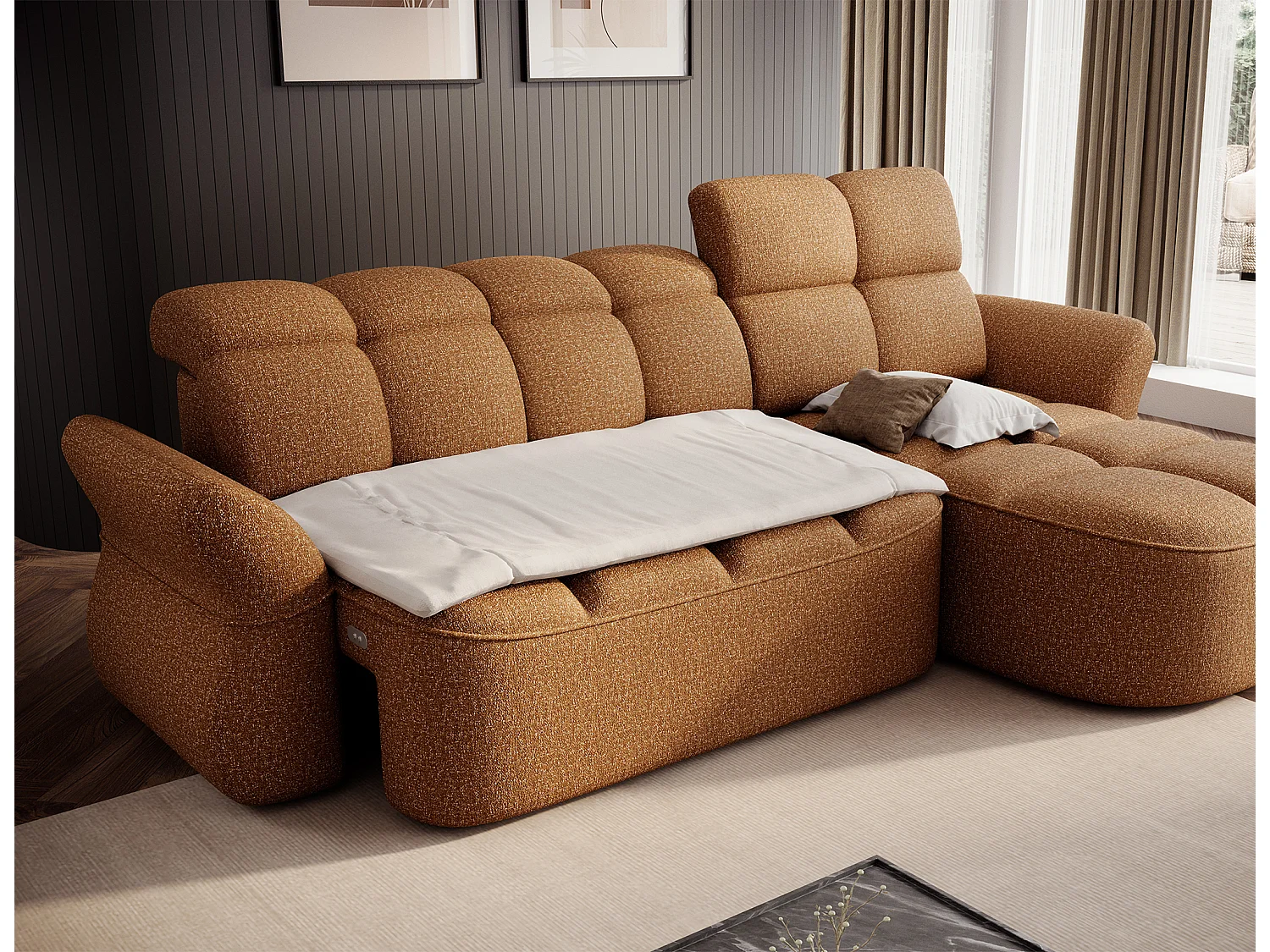 Canapé d’angle tissu CENTURY – Convertible et coffre-Marron clair-angle droit