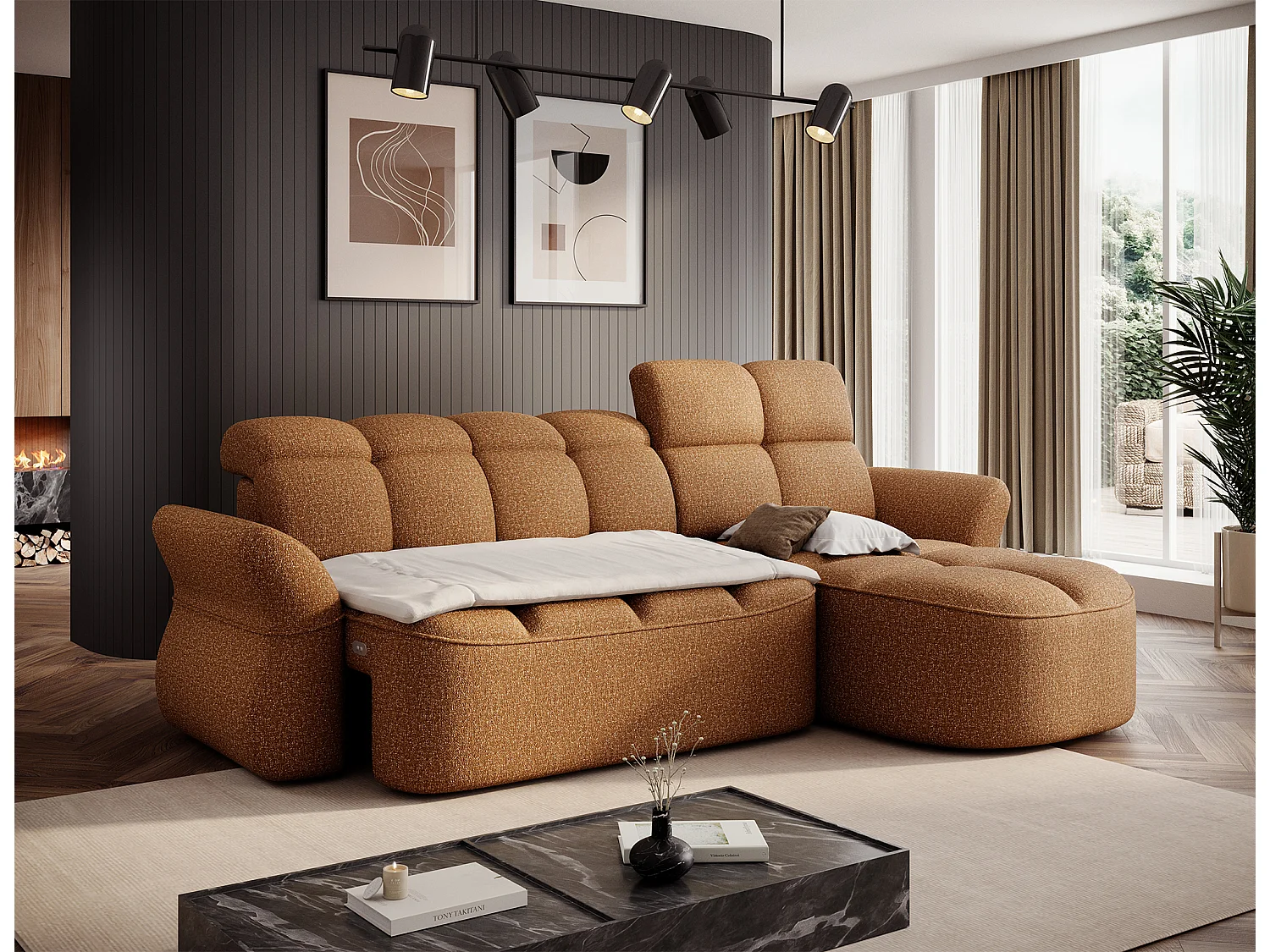 Canapé d’angle tissu CENTURY – Convertible et coffre-Marron clair-angle droit