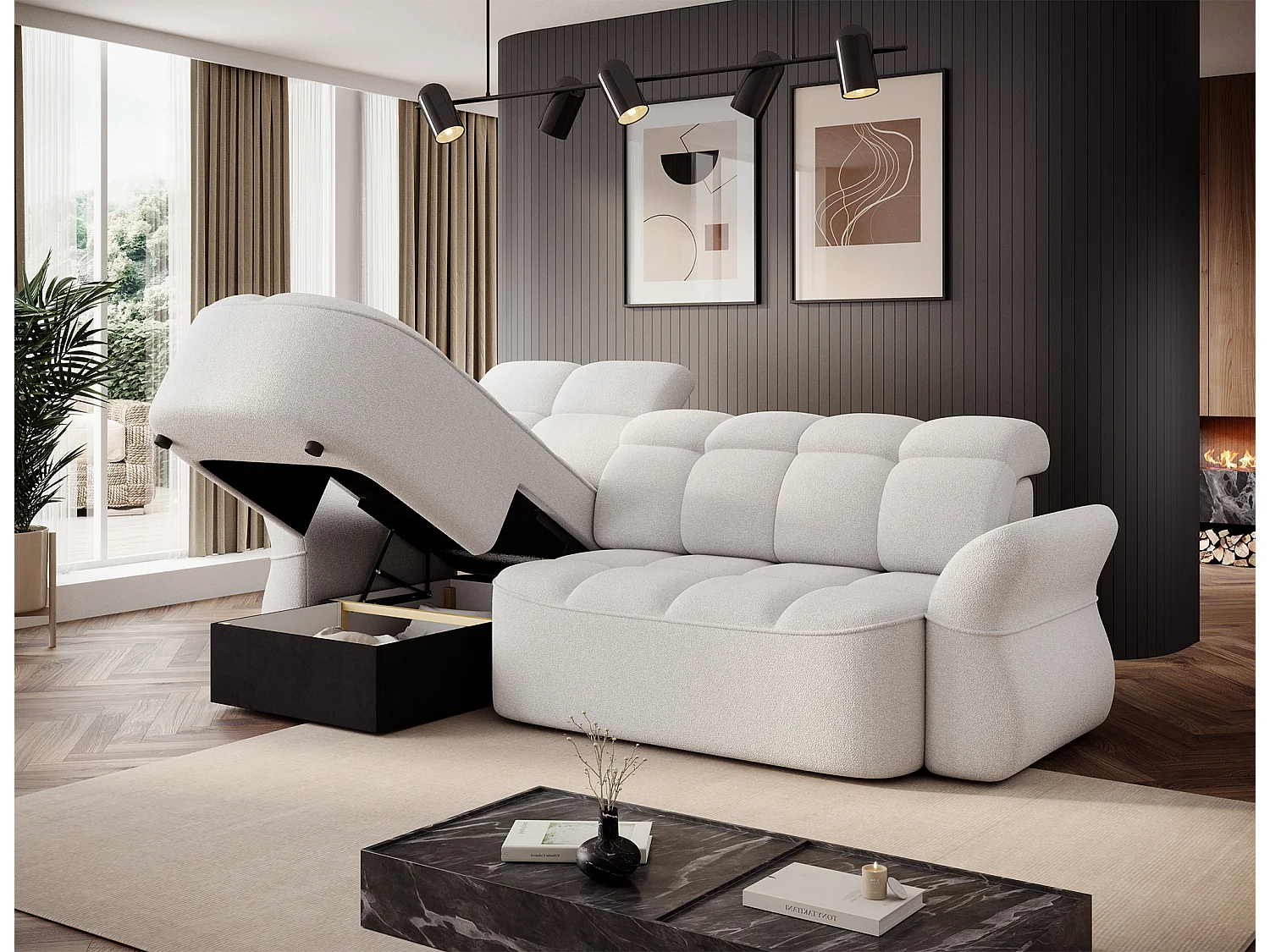 Canapé d’angle tissu CENTURY – Convertible et coffre-Blanc-angle gauche