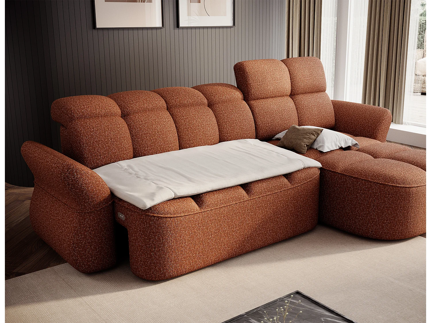 Canapé d’angle tissu CENTURY – Convertible et coffre-Terracotta-angle droit