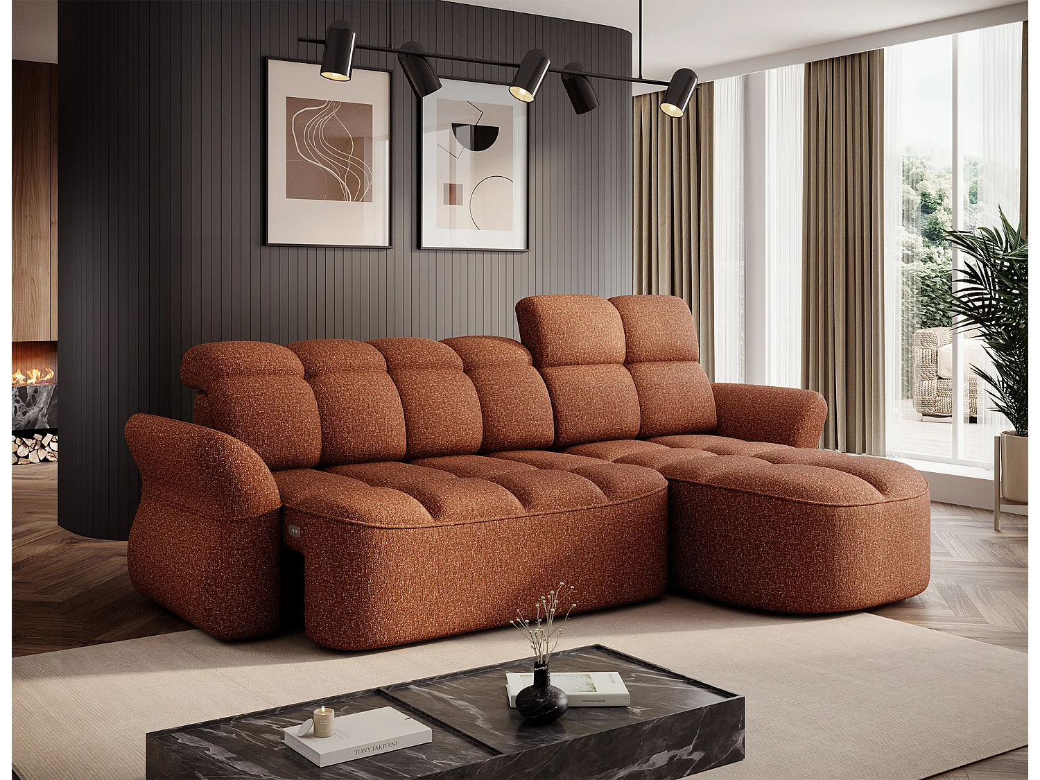 Canapé d’angle tissu CENTURY – Convertible et coffre-Terracotta-angle droit