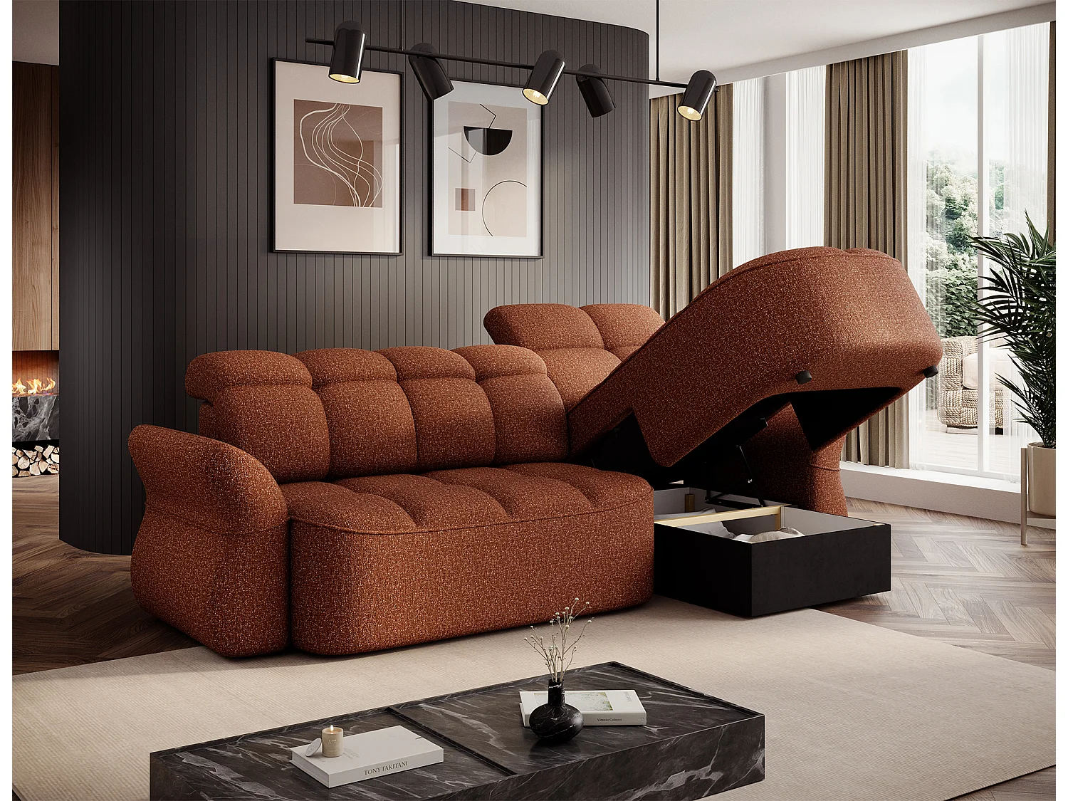 Canapé d’angle tissu CENTURY – Convertible et coffre-Terracotta-angle droit