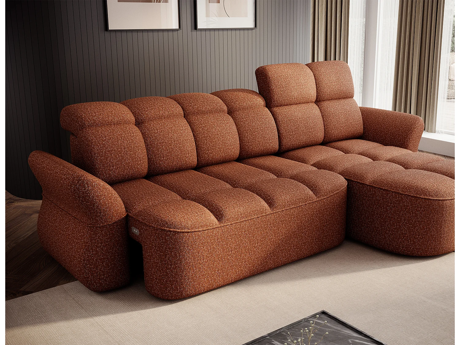 Canapé d’angle tissu CENTURY – Convertible et coffre-Terracotta-angle droit