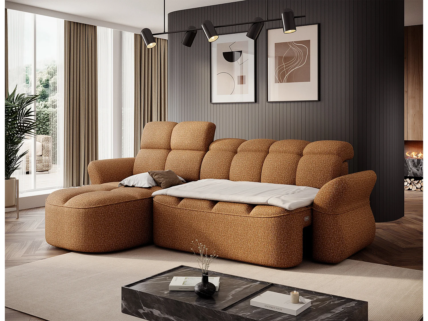 Canapé d’angle tissu CENTURY – Convertible et coffre-Marron clair-angle gauche