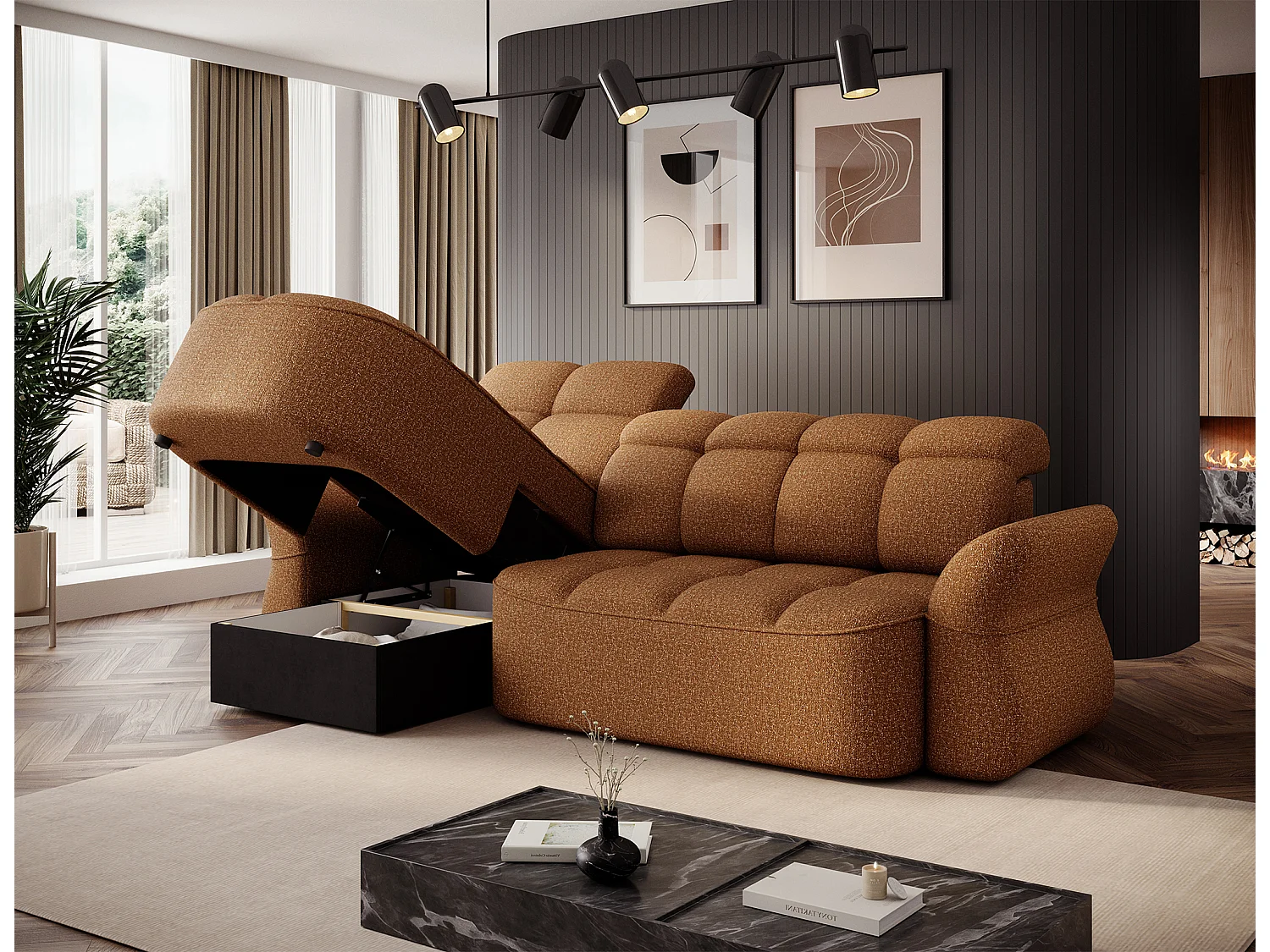 Canapé d’angle tissu CENTURY – Convertible et coffre-Marron clair-angle gauche