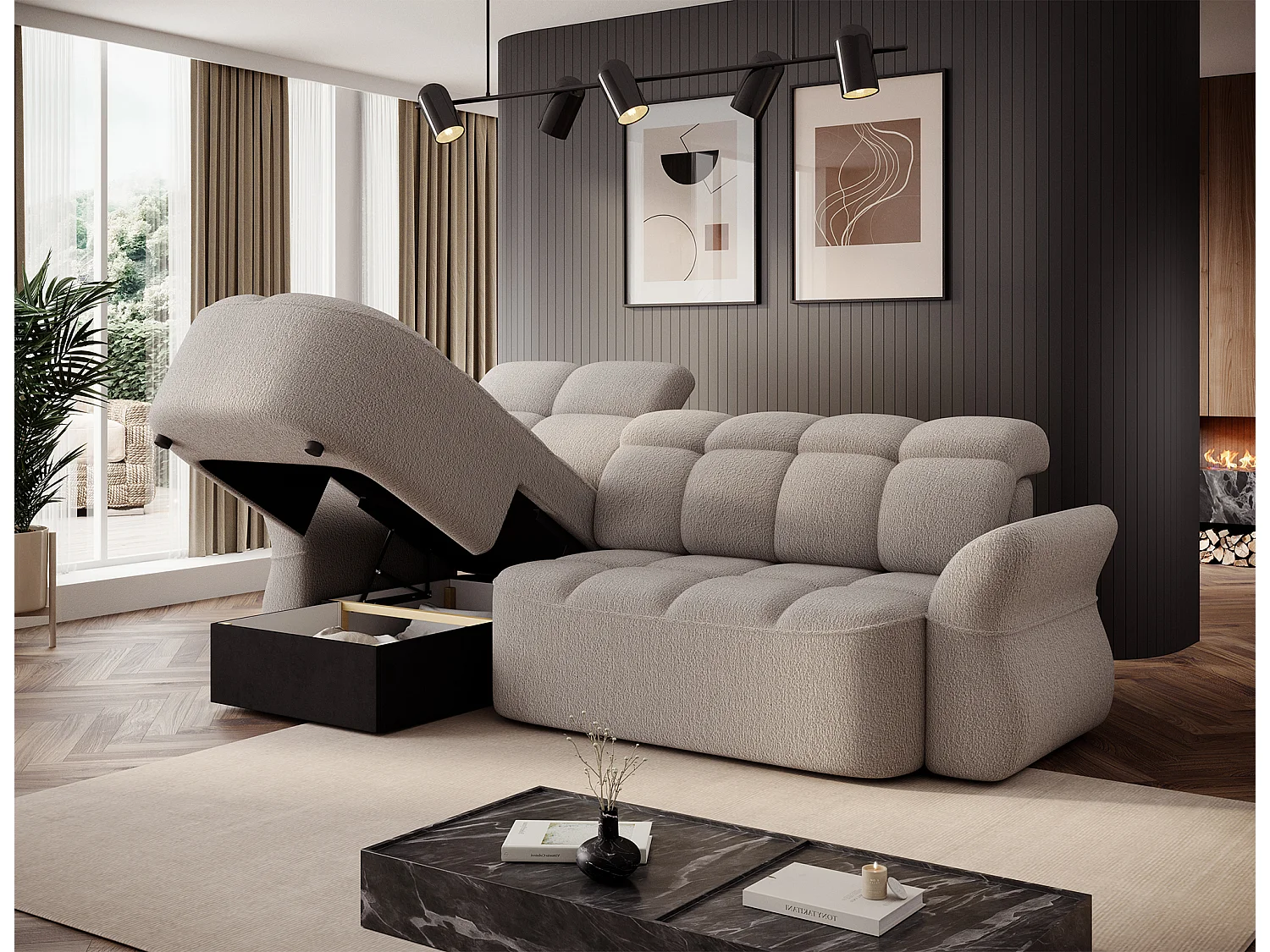 Canapé d’angle tissu CENTURY – Convertible et coffre-Beige-angle gauche