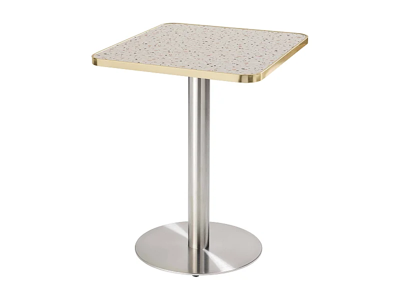 Table à manger 60 x 60 cm pied argent et revêtement terrazzo/doré