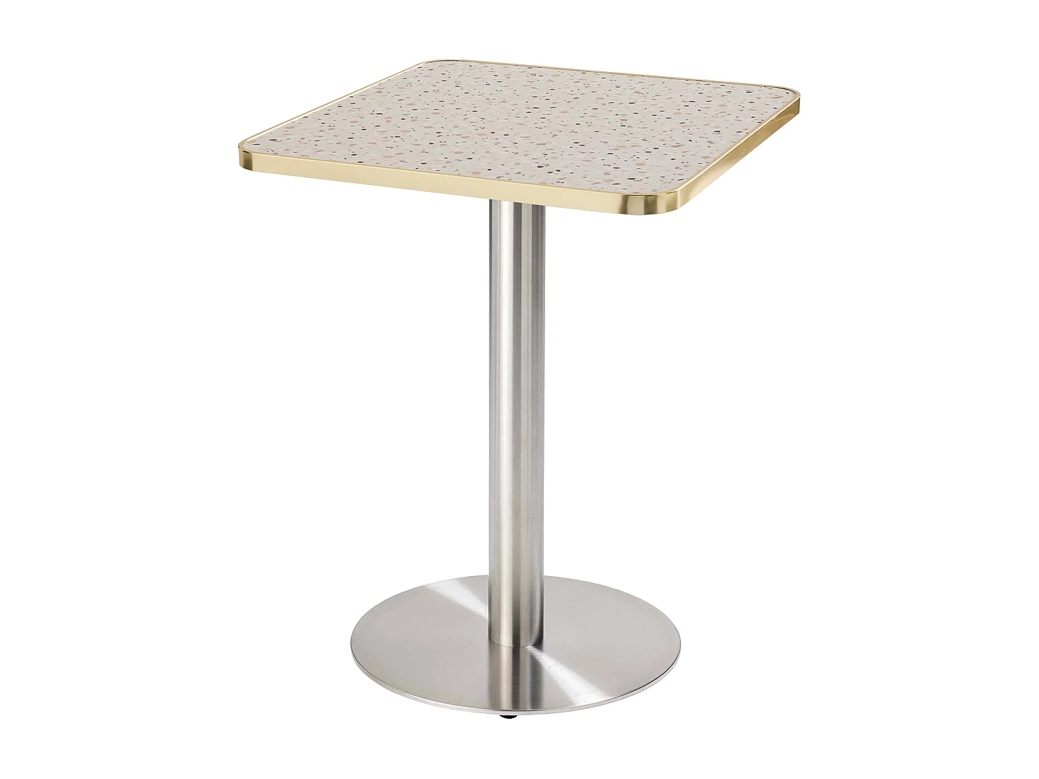 Table à manger 60 x 60 cm pied argent et revêtement terrazzo/doré