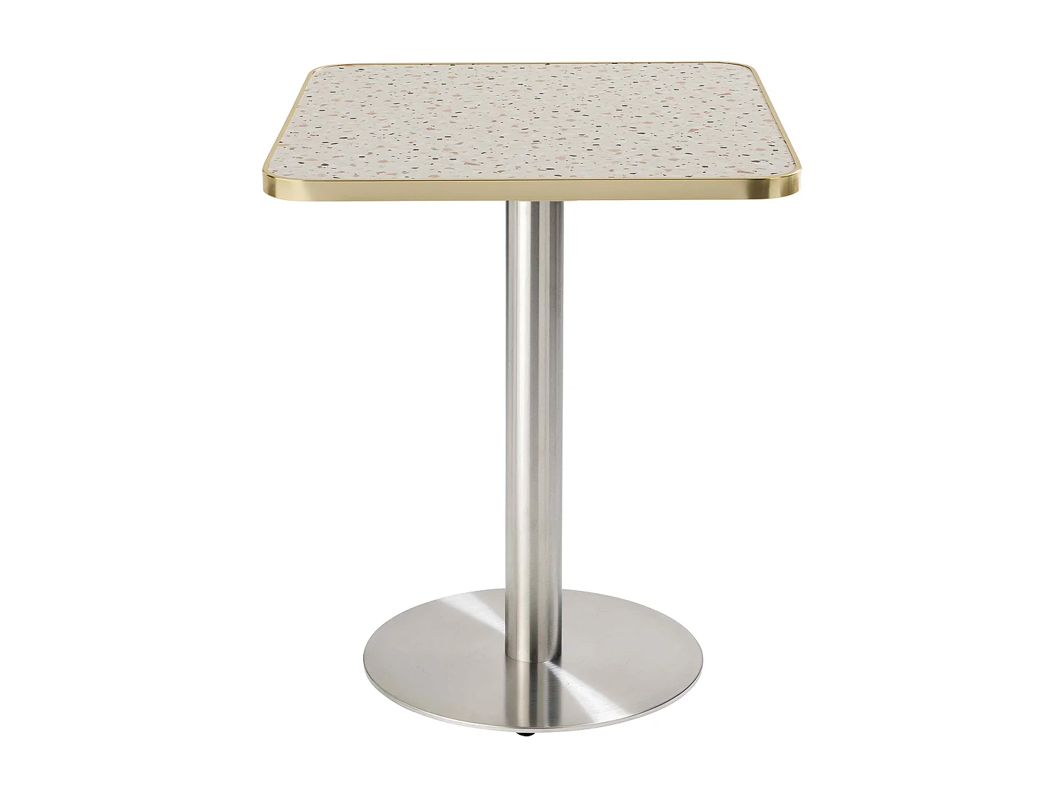Table à manger 60 x 60 cm pied argent et revêtement terrazzo/doré