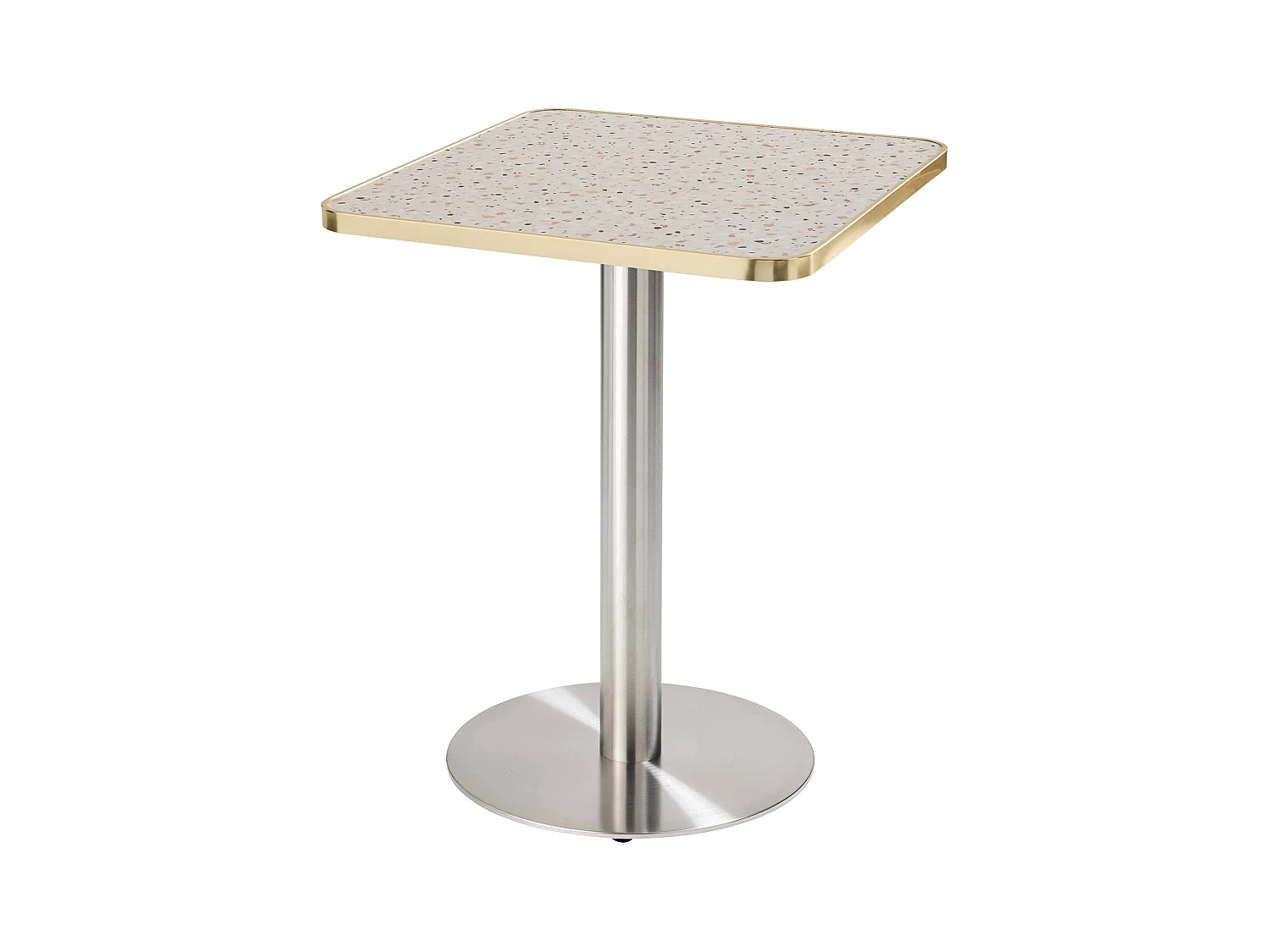 Eettafel 60 x 60 cm zilveren poot en terrazzo/gouden coating