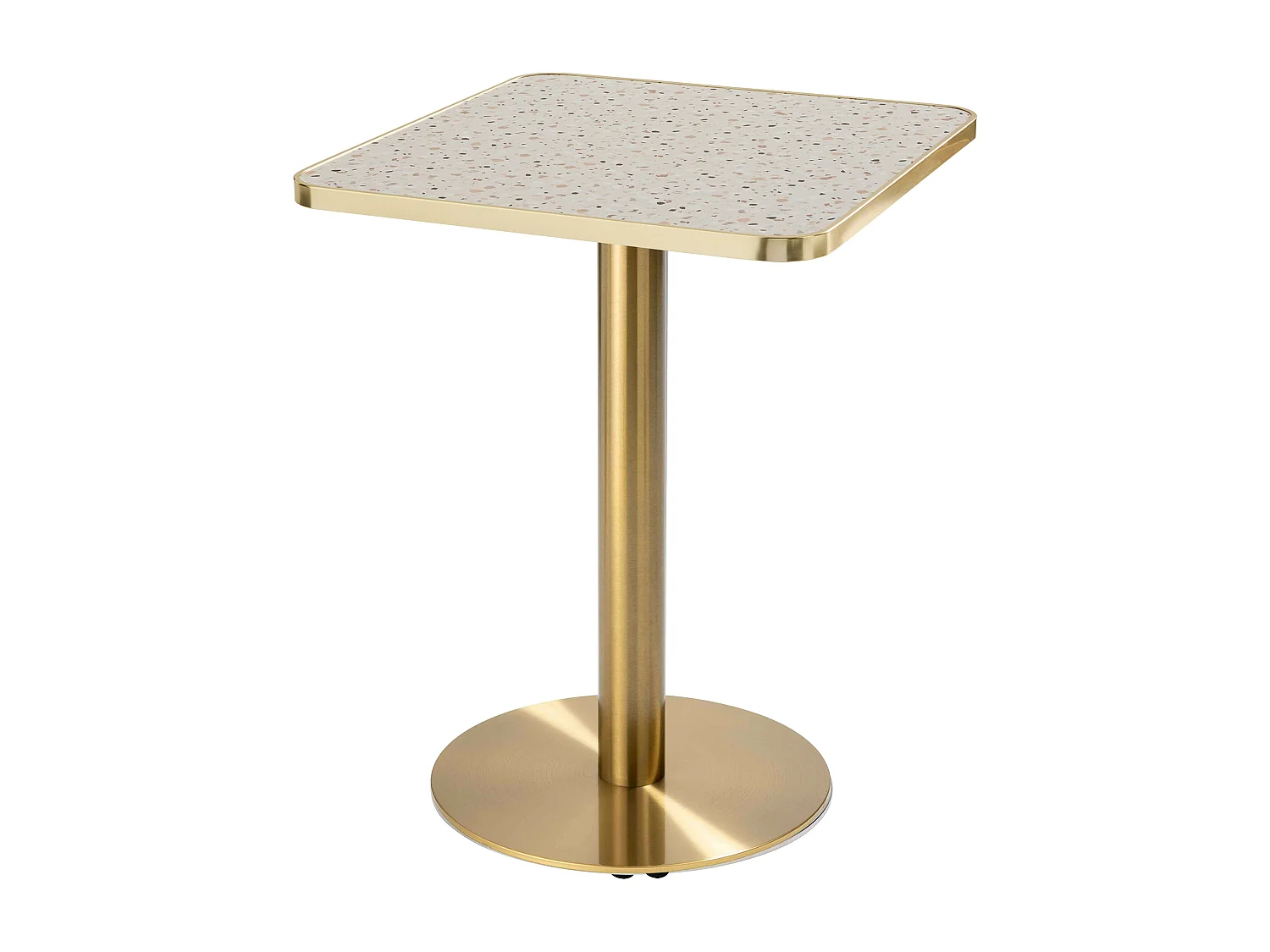 Table à manger 60 x 60 cm pied doré et revêtement terrazzo/doré