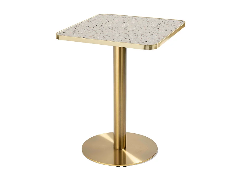 Table à manger 60 x 60 cm pied doré et revêtement terrazzo/doré