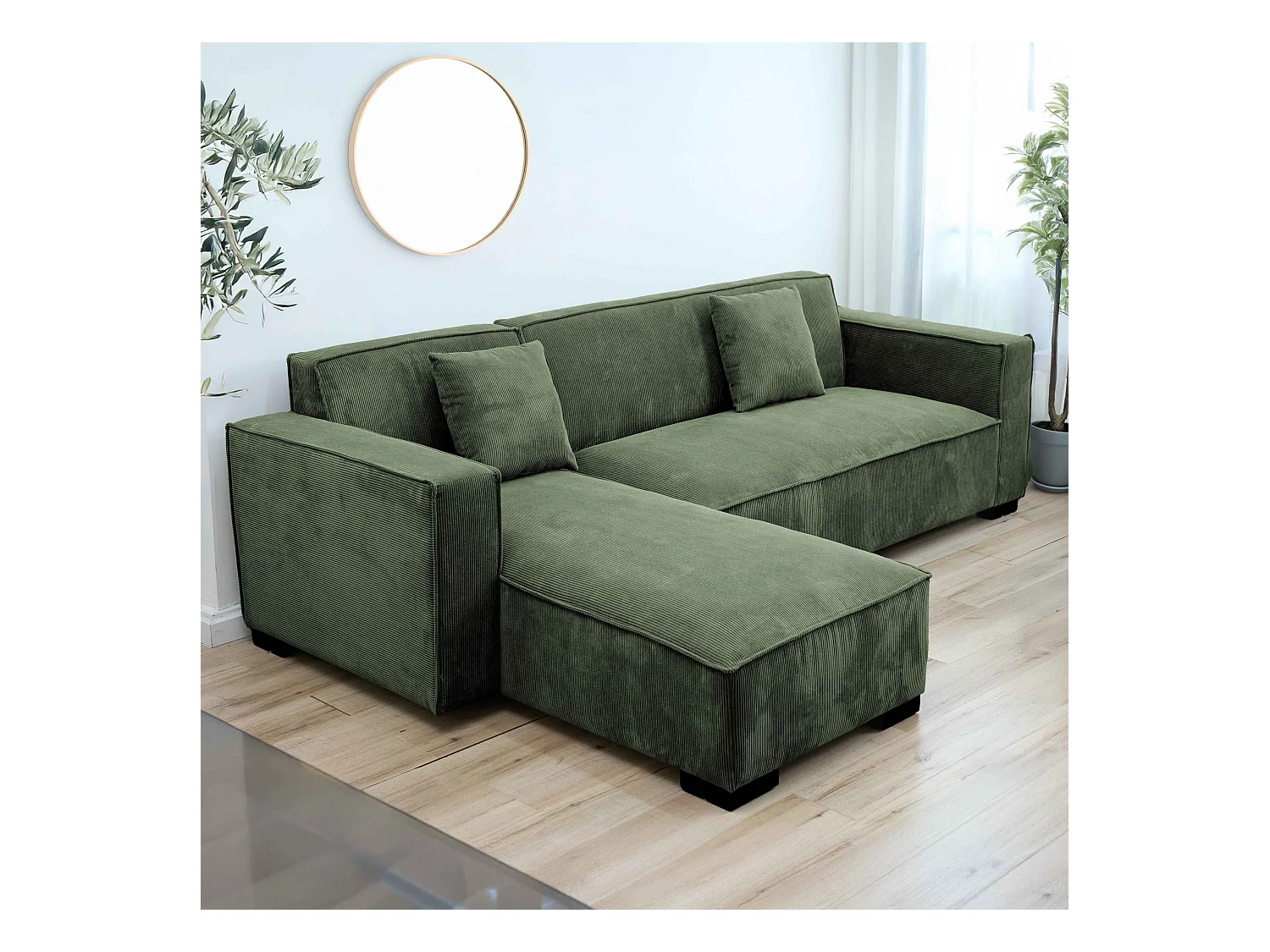 Vaste 3-zits hoekbank met chaise longue links in khakigroen