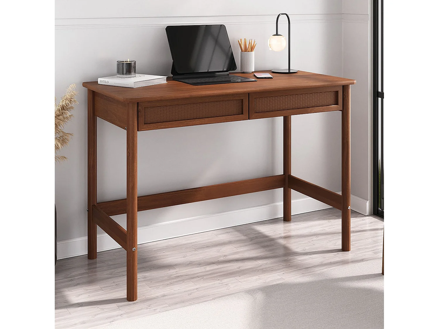 Bureau RODRIGO droit H 76 cm en bois massif coloris châtaignier avec rangement 2 tiroirs, idéal pour le télétravail