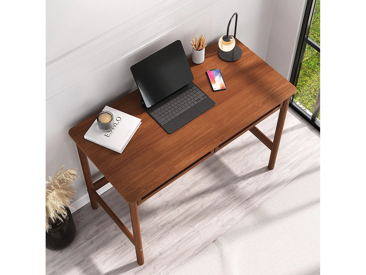 Bureau RODRIGO droit H 76 cm en bois massif coloris châtaignier avec rangement 2 tiroirs, idéal pour le télétravail