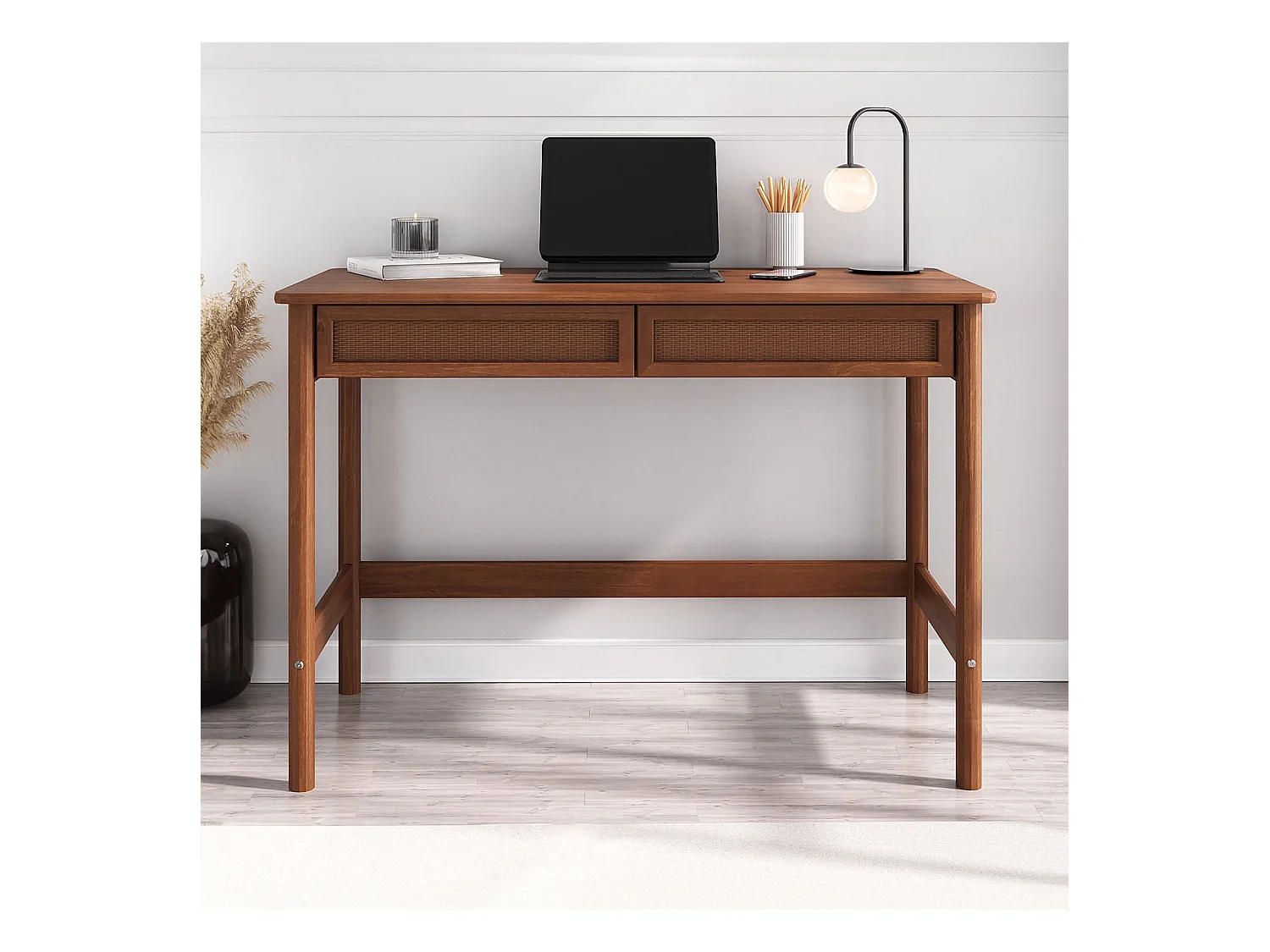 Bureau RODRIGO droit H 76 cm en bois massif coloris châtaignier avec rangement 2 tiroirs, idéal pour le télétravail