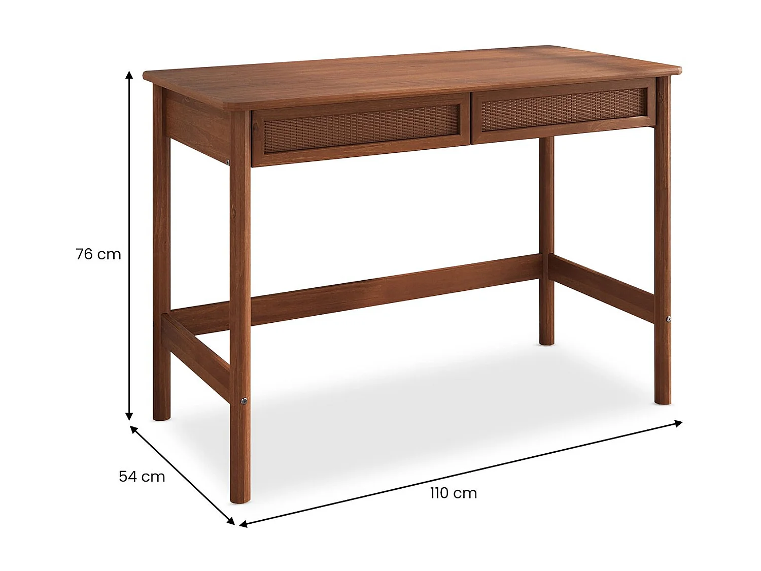 Bureau RODRIGO droit H 76 cm en bois massif coloris châtaignier avec rangement 2 tiroirs, idéal pour le télétravail