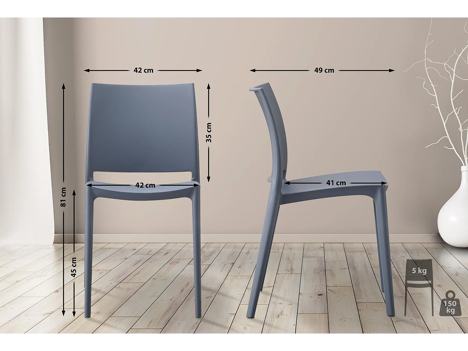 Lot de 2  Chaises de jardin - Plastique - Gris - Meton