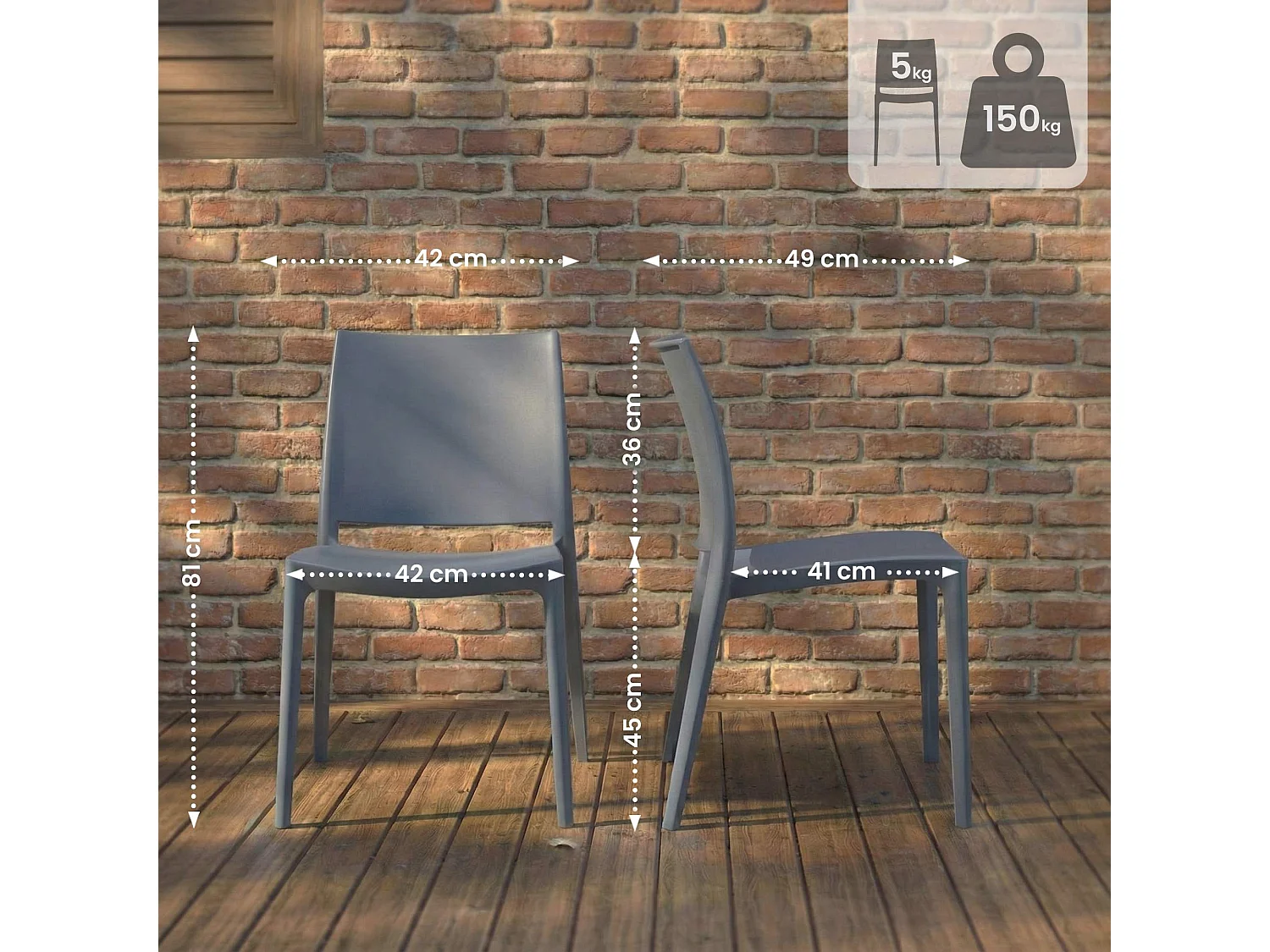 Lot de 2  Chaises de jardin - Plastique - Gris - Meton
