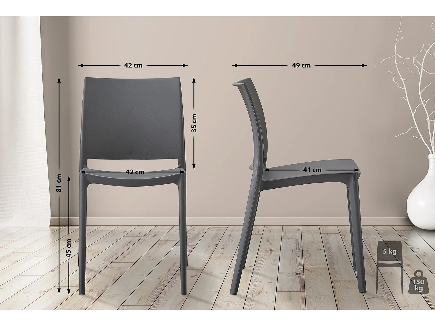 Lot de 2  Chaises de jardin - Plastique - Gris foncé - Meton