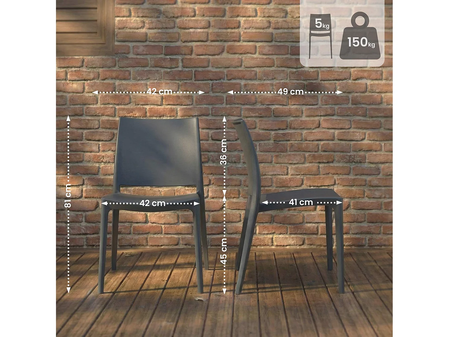 Lot de 2  Chaises de jardin - Plastique - Gris foncé - Meton