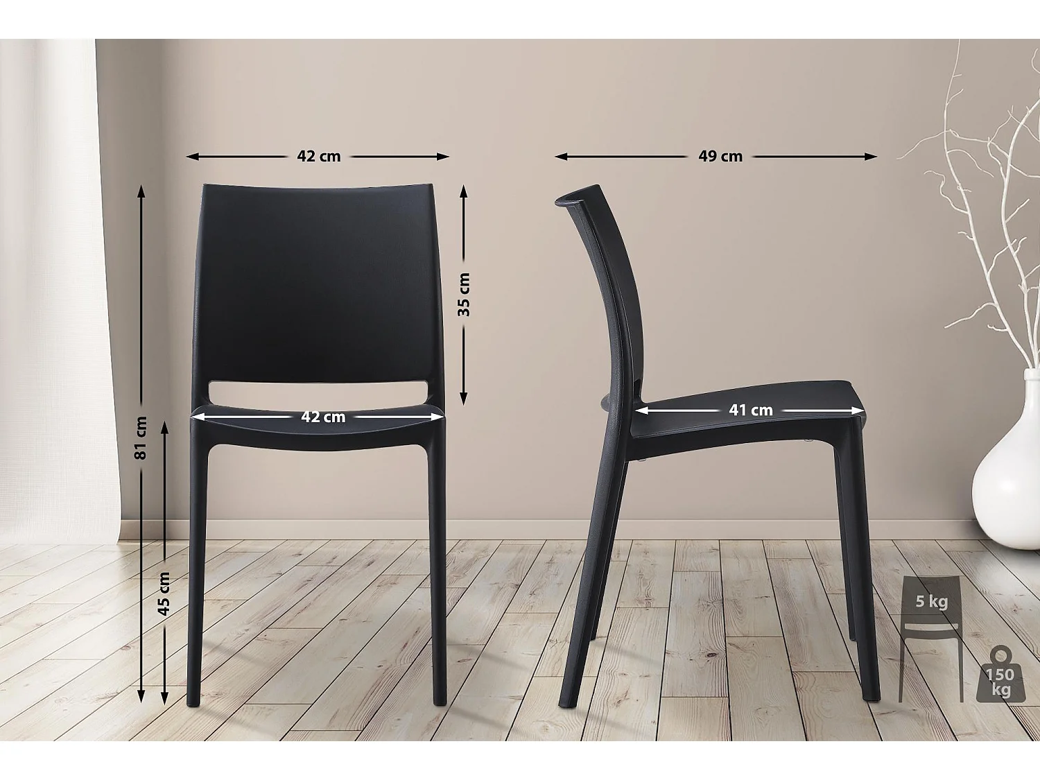 Lot de 2  Chaises de jardin - Plastique - Noir - Meton