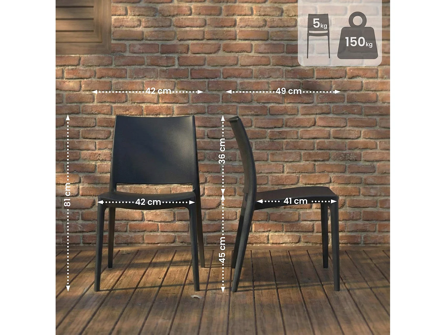 Lot de 2  Chaises de jardin - Plastique - Noir - Meton