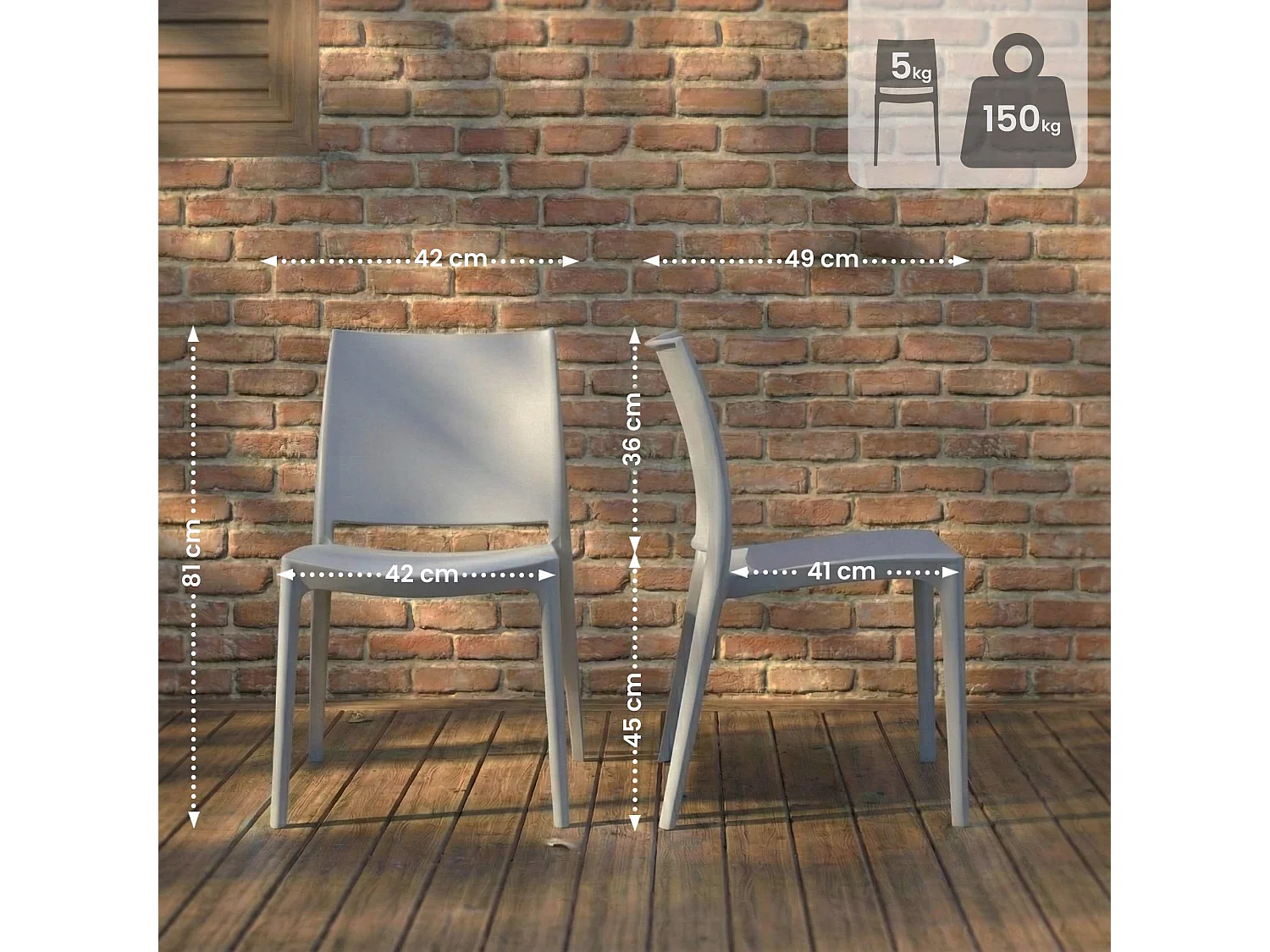 Lot de 2  Chaises de jardin - Plastique - Gris clair - Meton