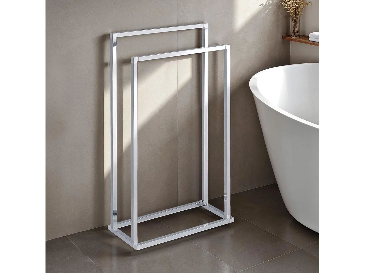 Porte Serviette Salle de Bain MAILO H 84 cm en Métal Chromé, Design Simple et Moderne, Sur Pieds avec Socle Stable