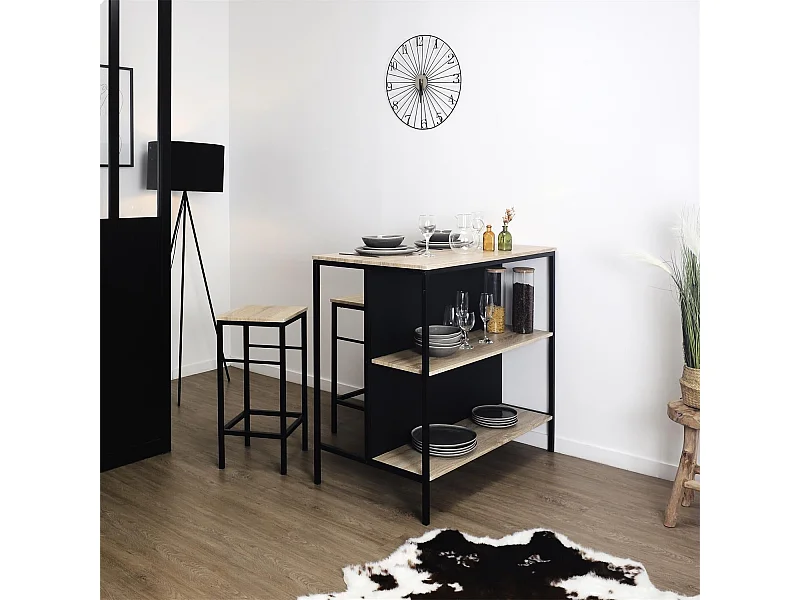 Table Ilot 2 Tabourets Loka Marron, Noir