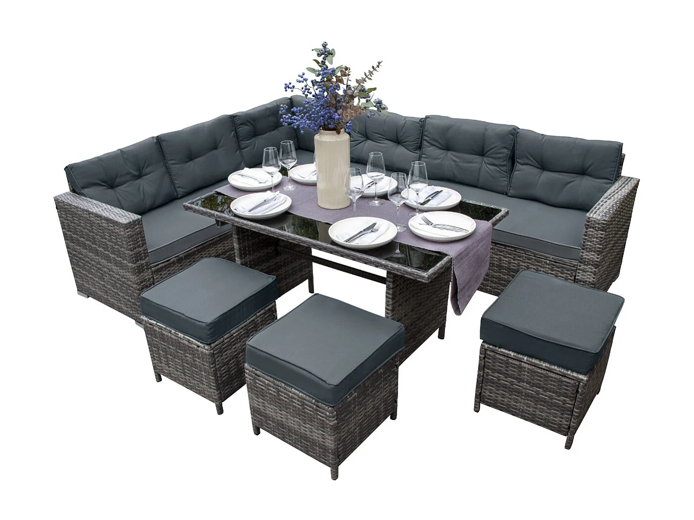 Set in rattan Jardí a 9 posti Divano sgabelli e tavolo con piano in vetro, cuscini grigi extra spessi 9 Posti - Grigio