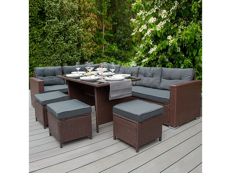 Salon de Jardin 9 personnes & Coffre de Rangement en Rotin – Marron