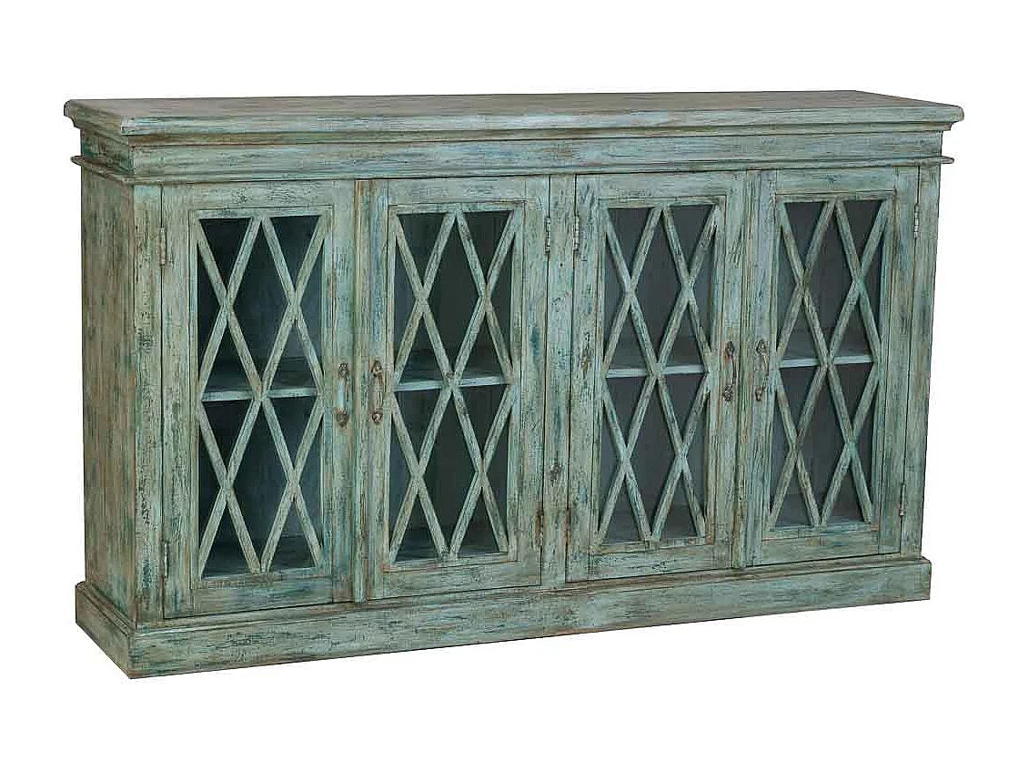 Credenza in legno e vetro con 4 ante, blu 170x40x100h cm