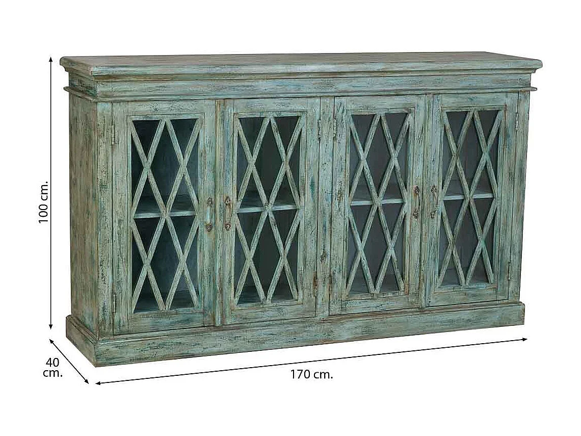 Credenza in legno e vetro con 4 ante, blu 170x40x100h cm