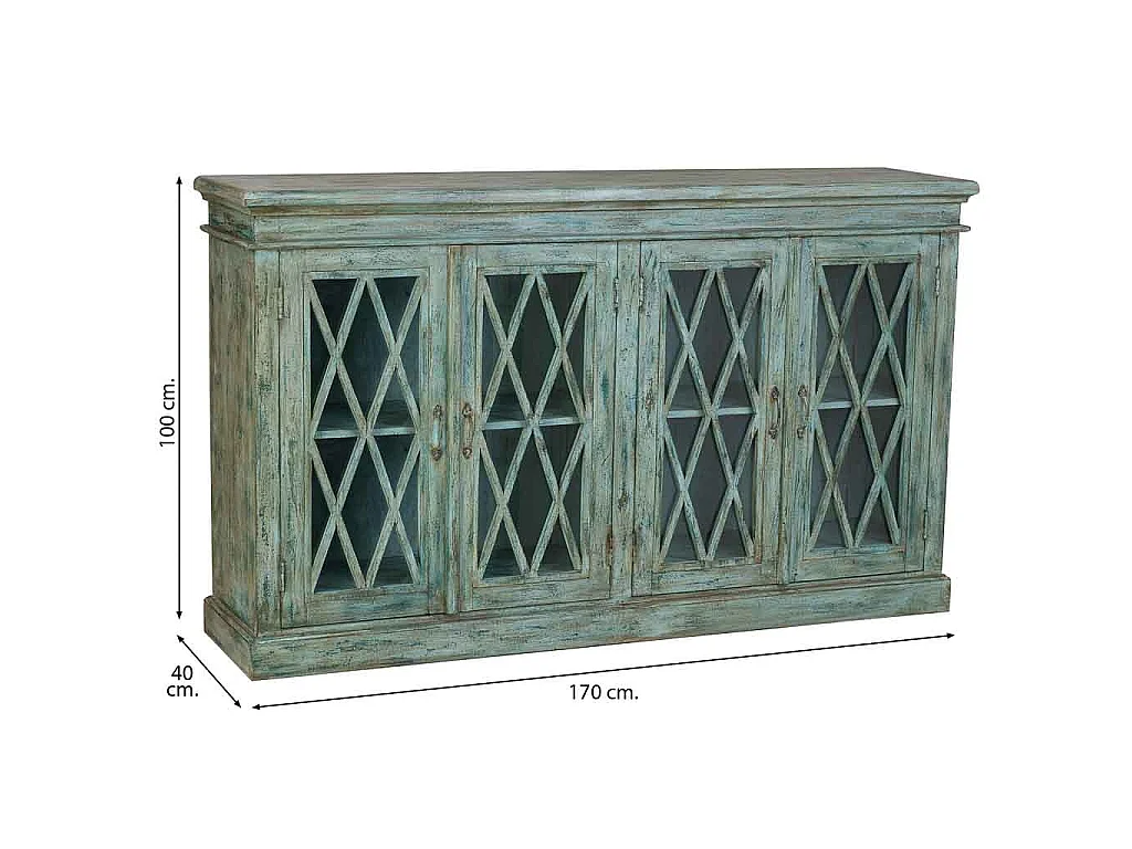 Credenza in legno e vetro con 4 ante, blu 170x40x100h cm
