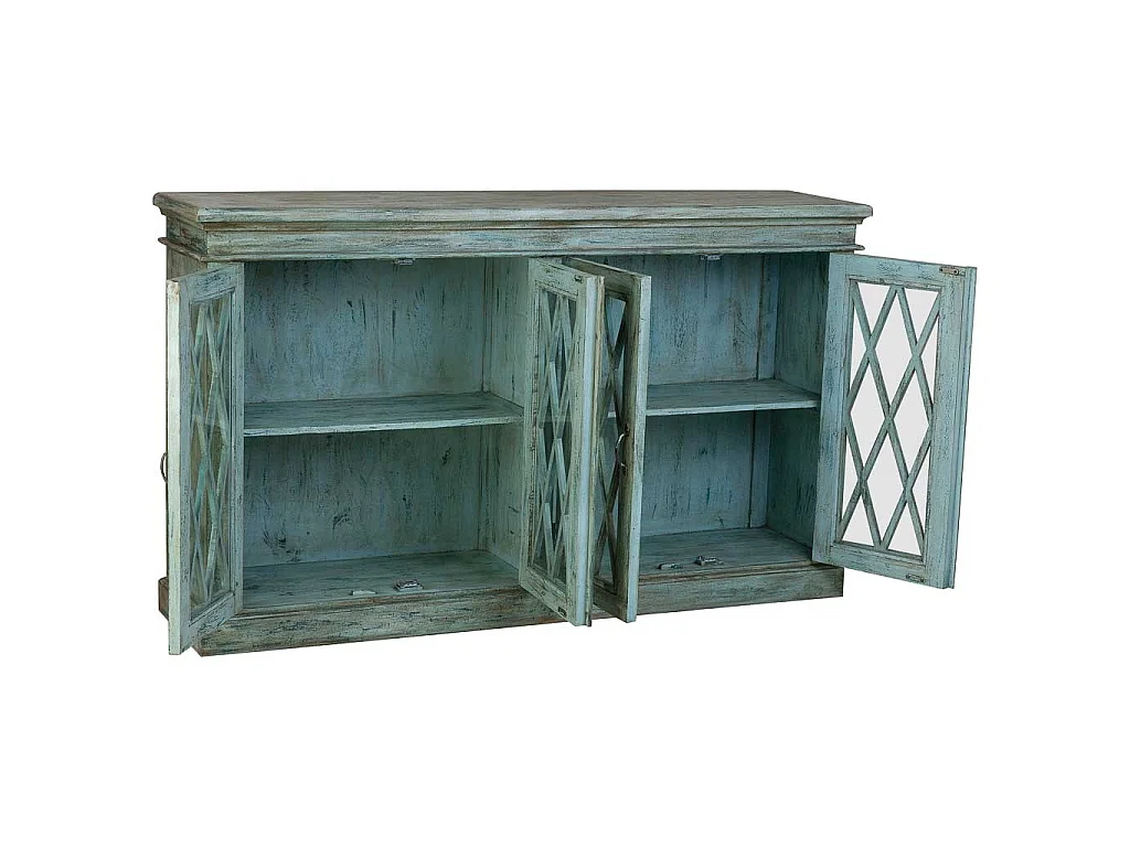 Credenza in legno e vetro con 4 ante, blu 170x40x100h cm