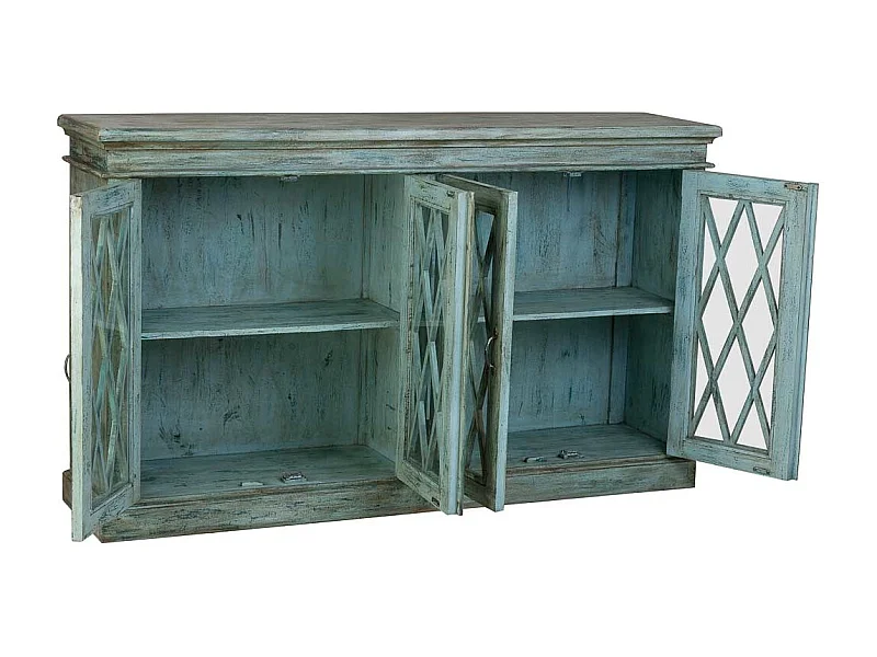 Credenza in legno e vetro con 4 ante, blu 170x40x100h cm