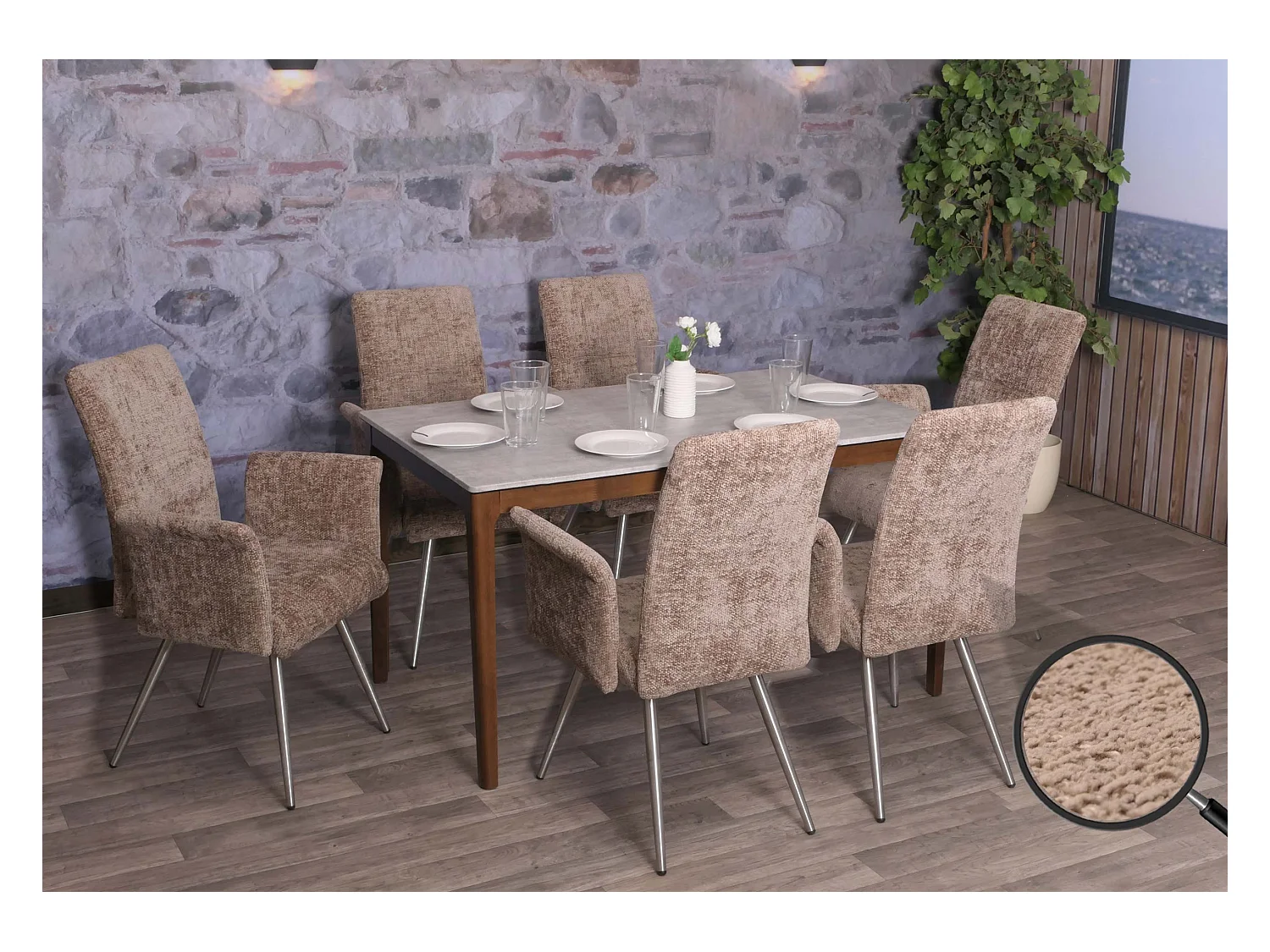 Set di 6 sedie da pranzo MCW-G55, con braccioli, acciaio inox spazzolato Stoffa/tessuto ciniglia Oeko-Tex ~ marrone