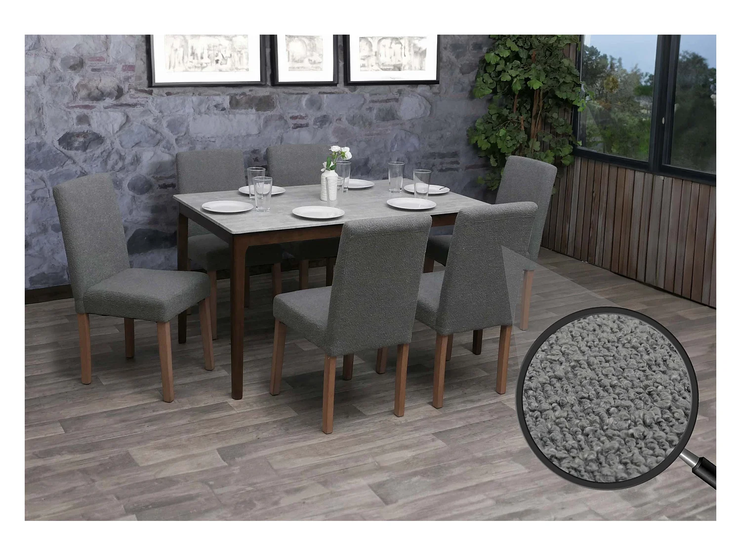 Chaise de salle à manger Littau Bouclé (lot de 6),  gris, pieds couleur naturelle