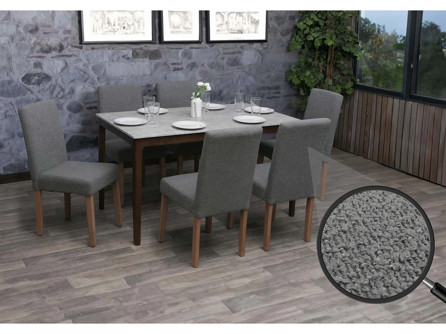 Chaise de salle à manger Littau Bouclé (lot de 6),  gris, pieds couleur naturelle