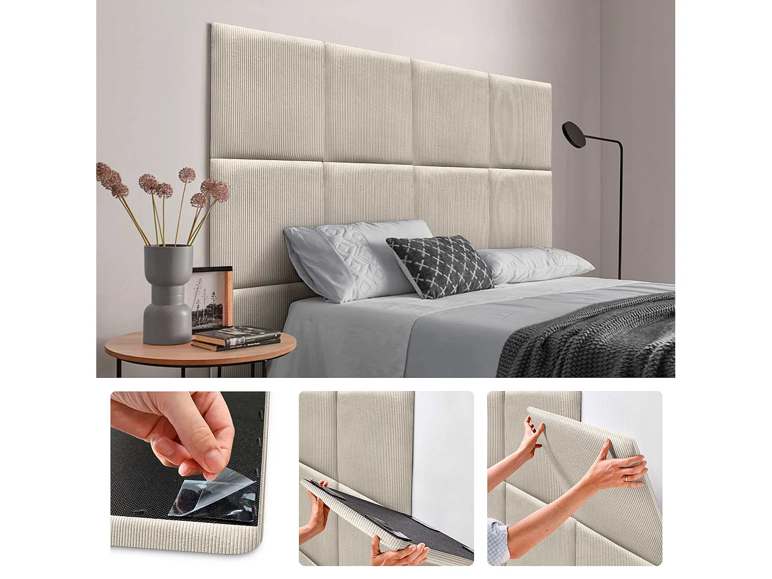DHOME Panneaux en Velours Premium Autoadhésifs pour Mur Acoustiques Absorbants Protection Contre les Impacts Têtes de Lit (Beige, 50x50cm)